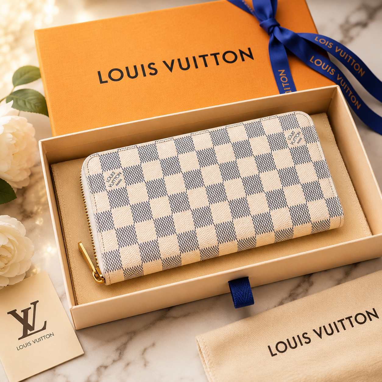 Louis Vuitton Damier Azur Zippy Wallet Long Wallet White Leather CA0029 Spain