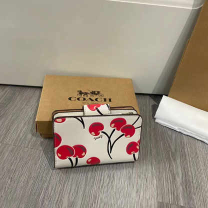Coach Medium Corner Zip Wallet With Cherry Print Chalk Multi CZ762 Outlet New