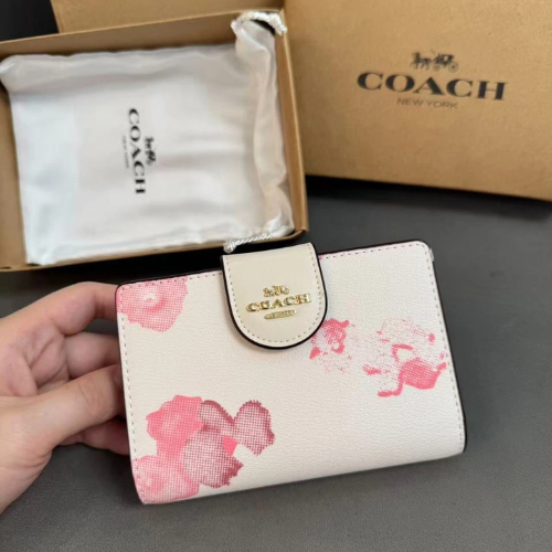 NWT Coach Medium Corner Zip Wallet With Floral Print White/Pink