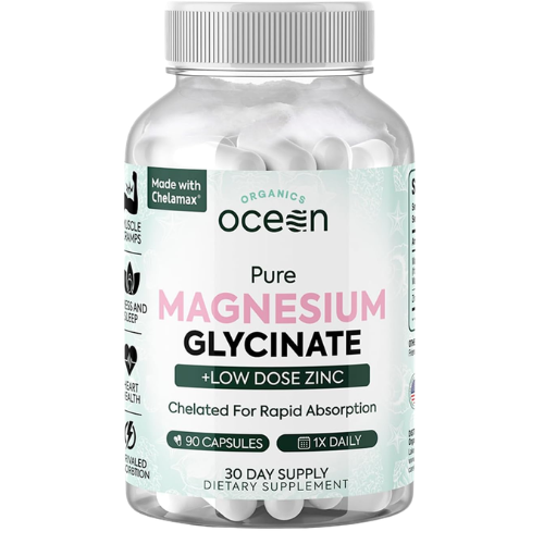 Organics Ocean Pure Magnesium Glycinate with Zinc - Maximum Strength Chelated Magnesium Supplement for Women and Men for Muscle Cramps and Sleep Support - 90 Capsule