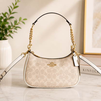 Coach NWT Teri Shoulder Bag In Signature Canvas CV933 Gold/Sand/Chalk