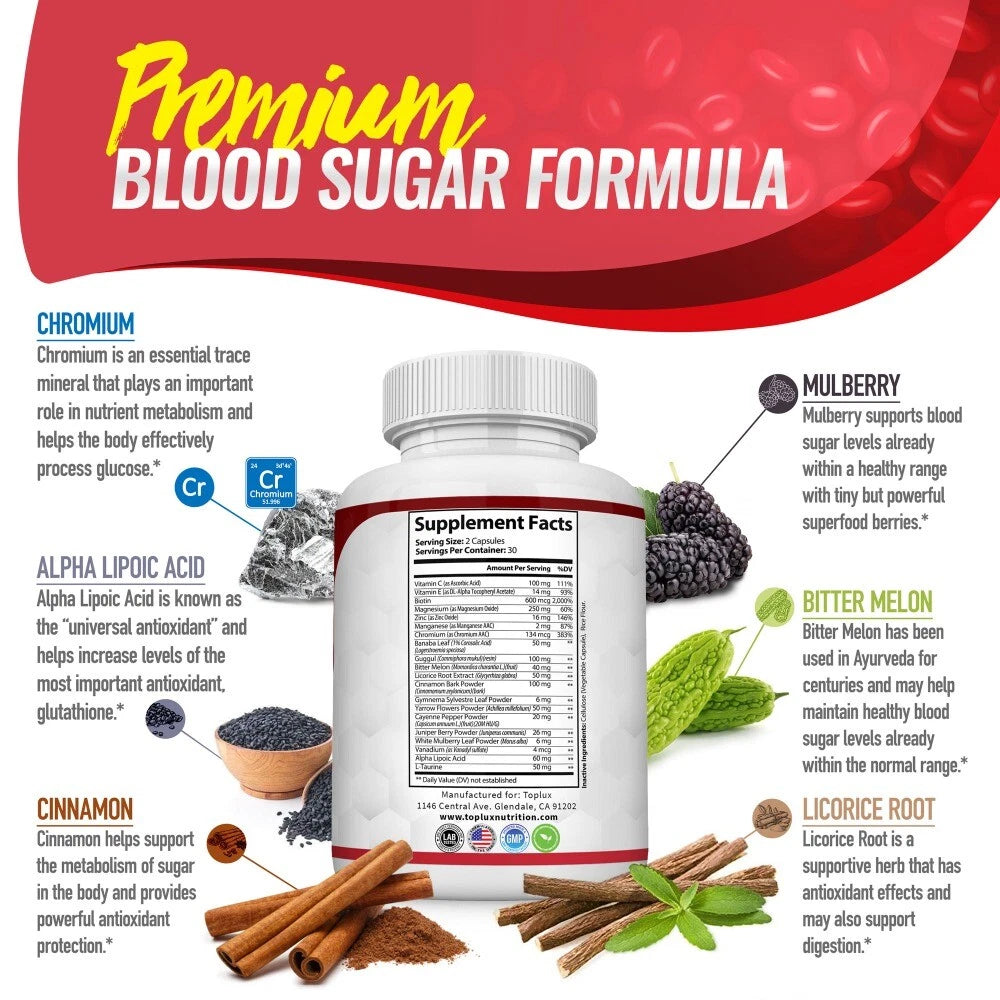 BLOOD SUGAR BLEND SUPPORT Alpha Lipoic Acid Cinnamon 20 Herbs Complex 60 Capsule