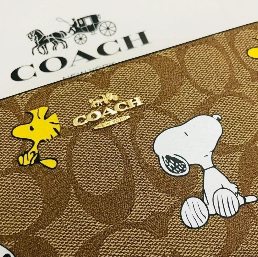 COACH x PEANUTS Long Zip around Wallet Snoopy Woodstock Khaki Signature F/S