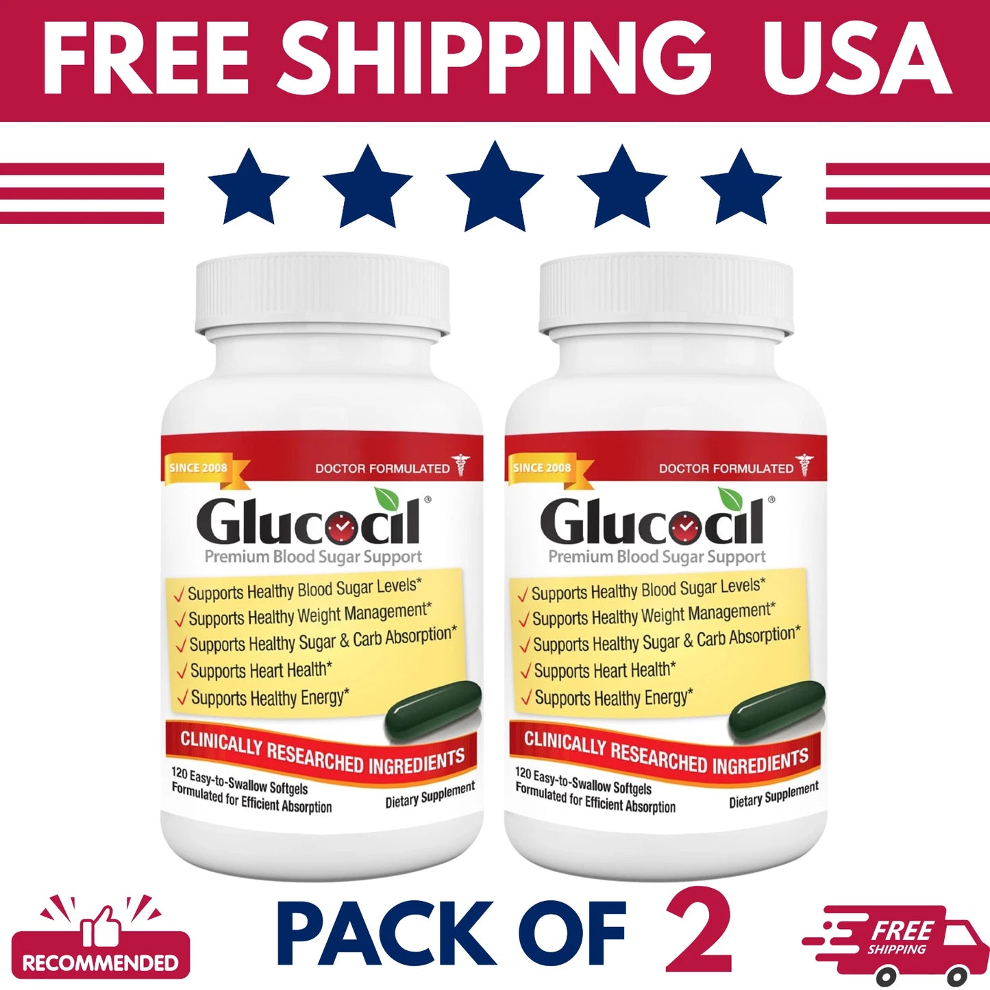 Glucocil Blood Sugar Support Softgels 120 Ct Glucose Health Supplement 2 Pack